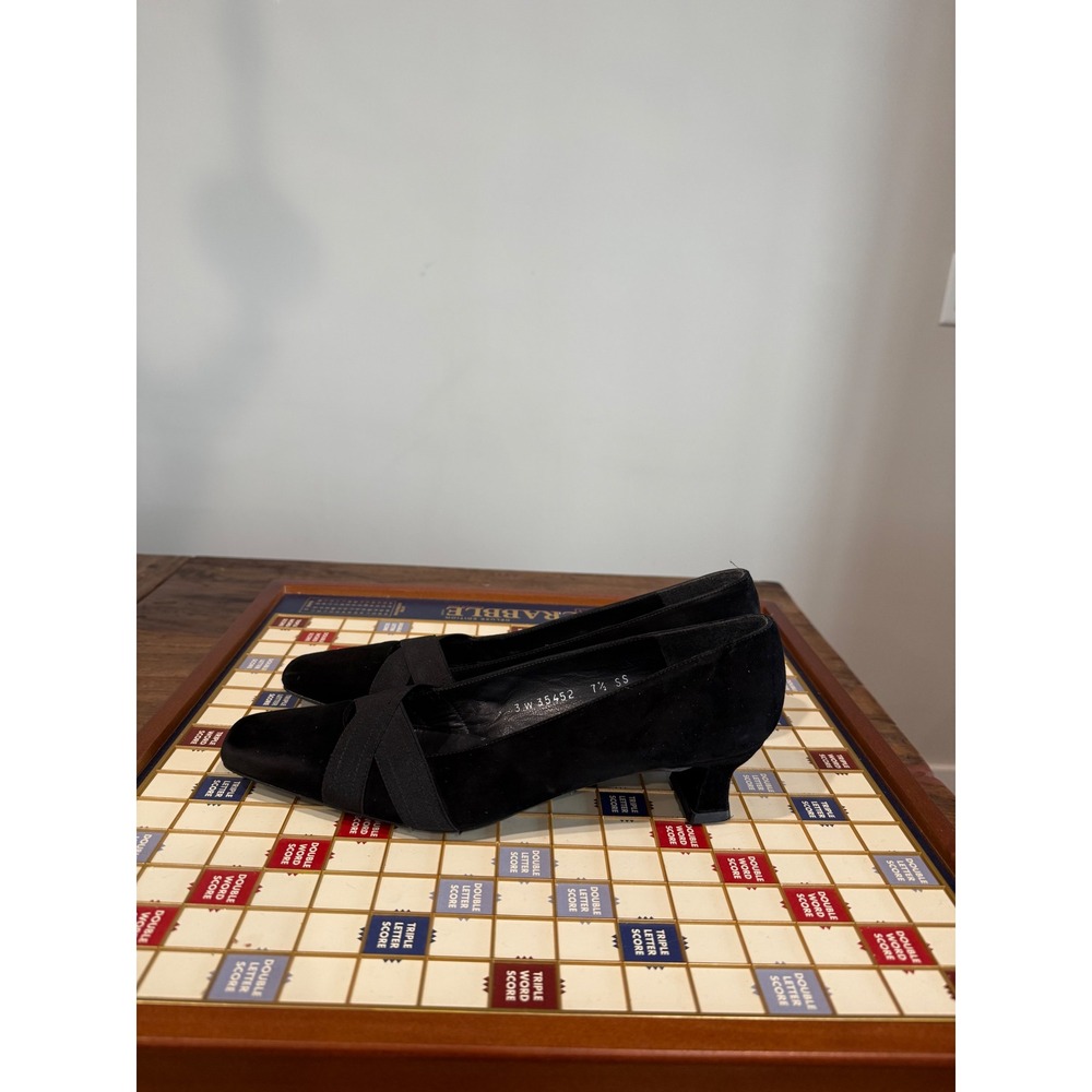 Stuart Weitzman Black Suede Elastic Strap Square Toe Block Heels Women's 7.5 SS